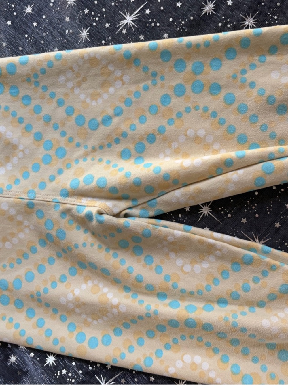 LuLaRoe Kids Leggings Yellow with Blue and White Dot Wave Print